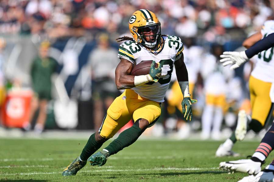 Green Bay Packers running back Aaron Jones on the run against Chicago