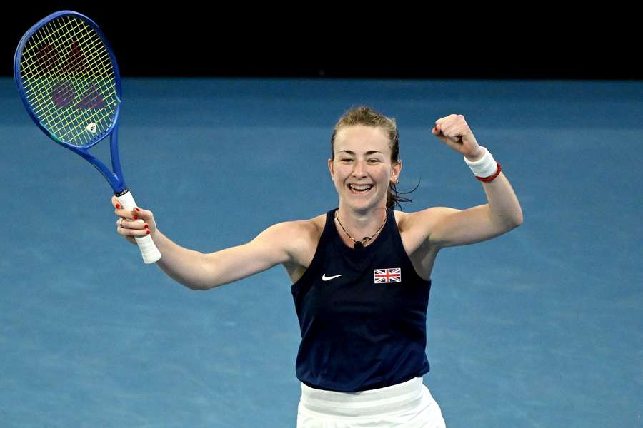 Britain's Mika Stojsavljevic celebrates winning her women's singles match against Australia's Talia Gibson during the Billie Jean King Cup