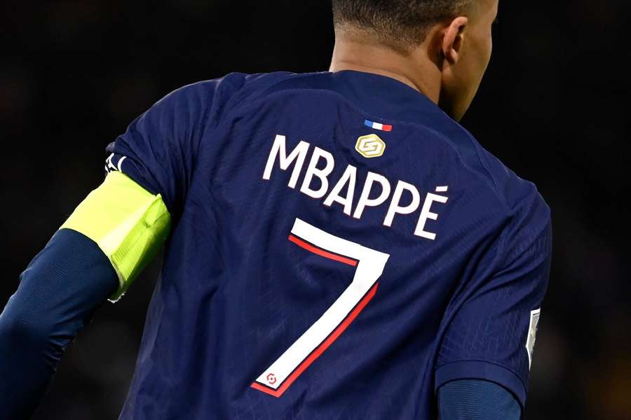 Mbappe wears the L1 Top Scorer badge above his name at the Ligue 1 UberEats match