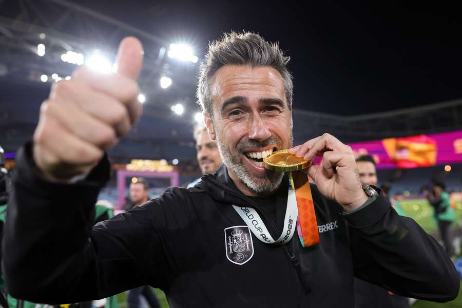 Spain coach Jorge Vilda poses with the medal after his team's win in the Women's World Cup final
