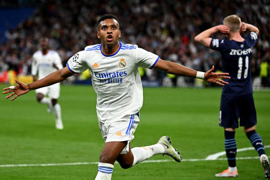 Rodrygo célèbre son but avec le Real Madrid contre Manchester City en demi-finale de Ligue des champions au Santiago Bernabéu, le 4 mai 2022.