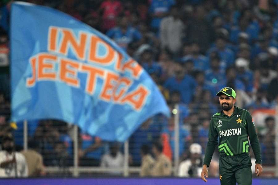 Pakistan's captain Babar Azam fields during the World Cup match against India on Saturday