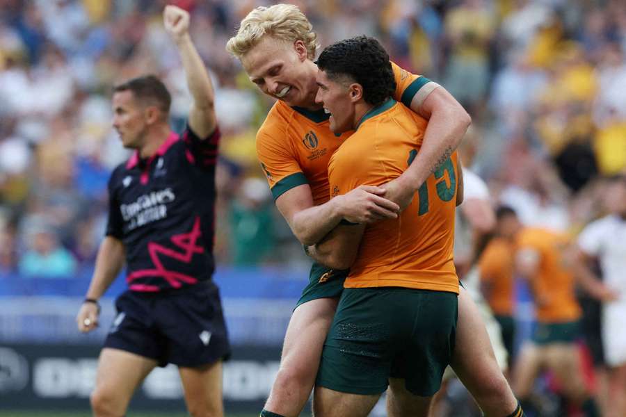 Australia's Ben Donaldson celebrates with teammate Carter Gordon