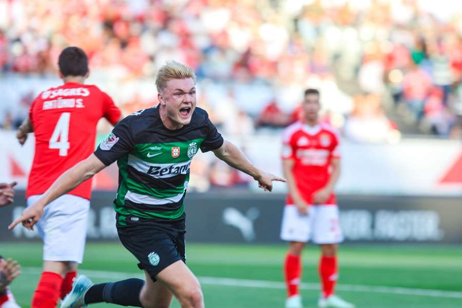 Conrad Harder celebrates for Sporting after scoring in the Portuguese Cup final against Benfica