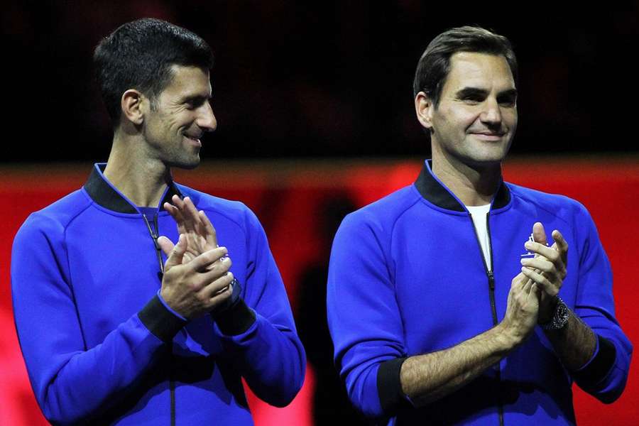 Novak Djokovic and Roger Federer of Team Europe after Team World win the ATP Laver Cup 2022