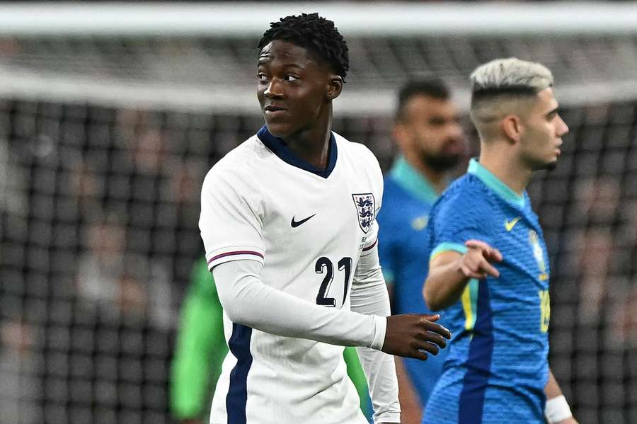 England's midfielder #21 Kobbie Mainoo makes his debut during the international friendly football match between England and Brazil