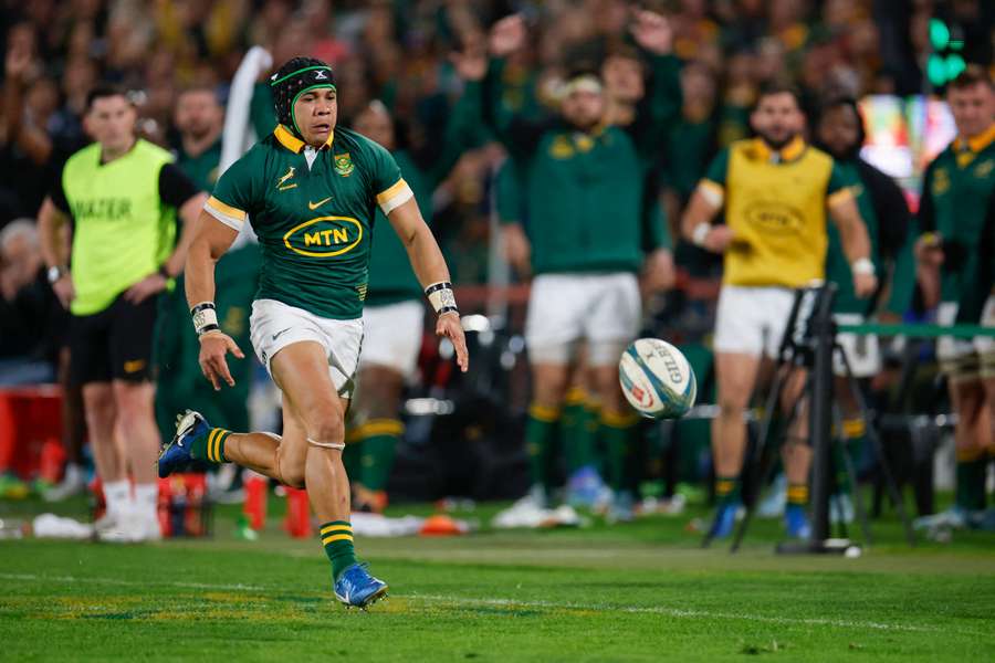 South Africa's Cheslin Kolbe runs for the ball during the Rugby Championship match against New Zealand at the Ellis Park Stadium