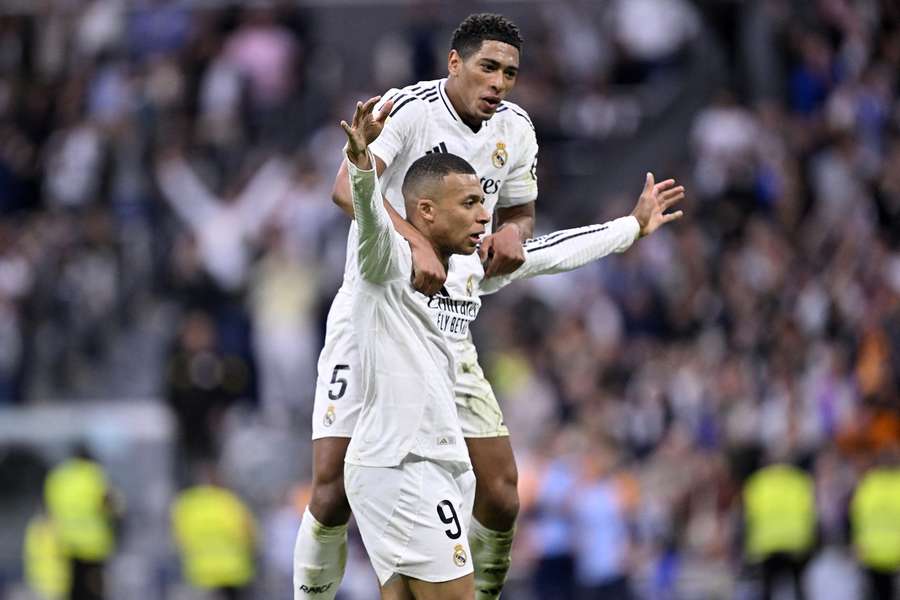 Mbappe celebrates his goal with Bellingham Mbappe celebrates his goal with Bellingham