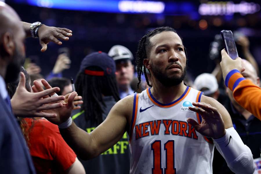 Jalen Brunson of the New York Knicks reacts after his team's series-clinching win against the Philadelphia 76ers