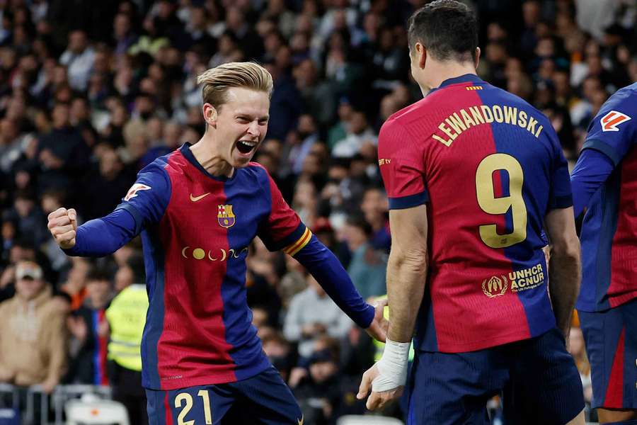 Barcelona's Robert Lewandowski celebrates scoring their second goal with Frenkie de Jong