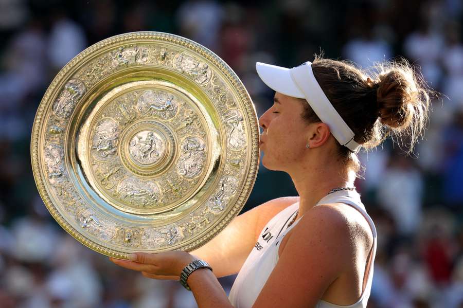 Czech Republic's Linda Noskova celebrates with the trophy after winning the Wimbledon final against Karolina Muchova Czech Republic's Linda Noskova celebrates with the trophy after winning the Wimbledon final against Karolina Muchova
