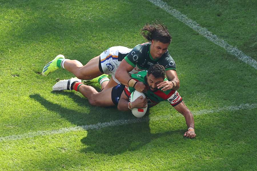 South Sydney's Alex Johnston goes over to score against Canberra in Perth.