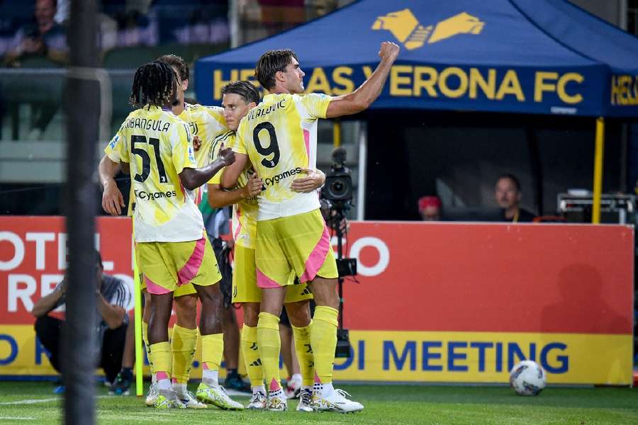 Juventus's Dusan Vlahovic celebrates after scoring a goal