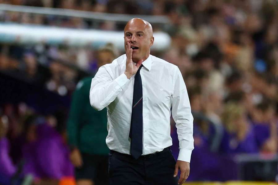 Italy coach Andrea Soncin reacts on the sidelines during the Women's EURO 2025 match against England