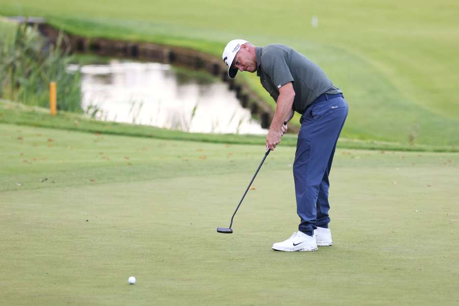 Alex Noren putts for an eagle on the 18th hole on day three of the BMW PGA Championship
