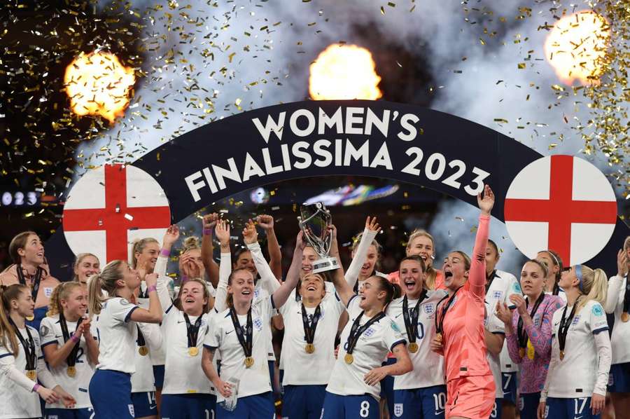 England celebrate beating Brazil to lift the Finalissima trophy