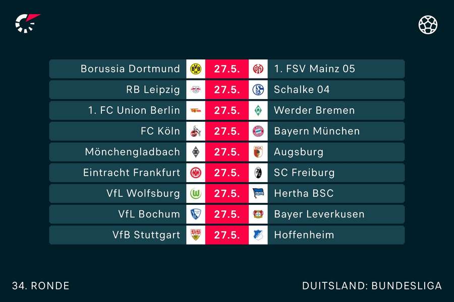 De negen wedstrijden van speelronde 34 in de Bundesliga