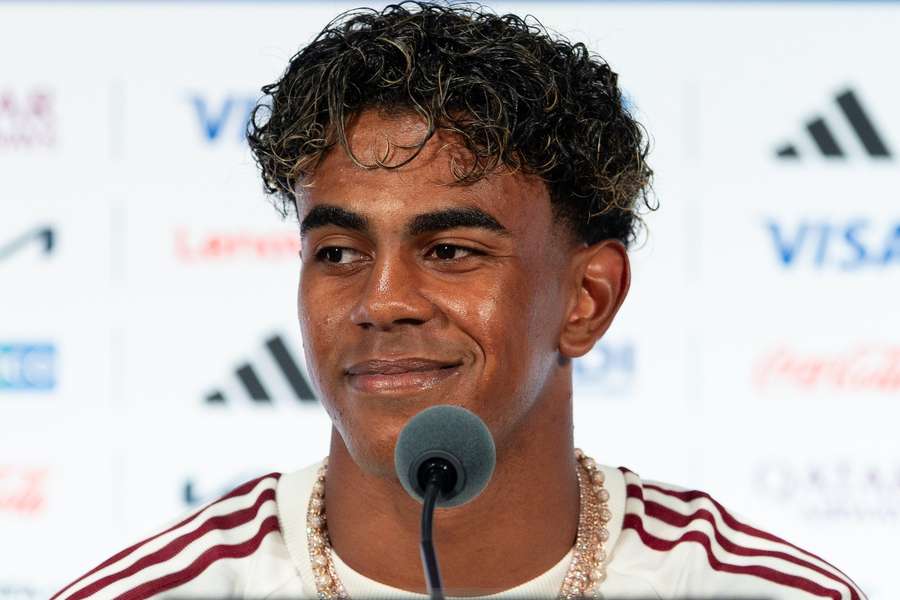 Lamine Yamal during a press conference ahead of Spain-France World Cup matchup