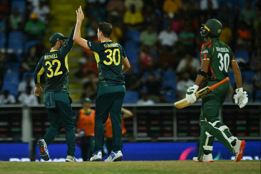 Australia's Pat Cummins celebrates after bowling out Bangladesh's Mahmudullah during Thursday's T20 win