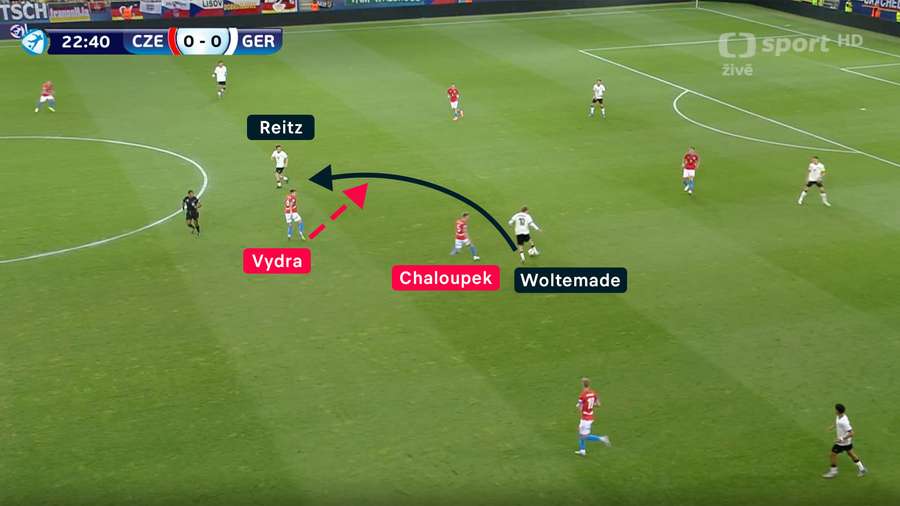 Na poslední chvíli mu přihrávku vypíchne Vydra, jinak by Němci šli do nebezpečného brejku.