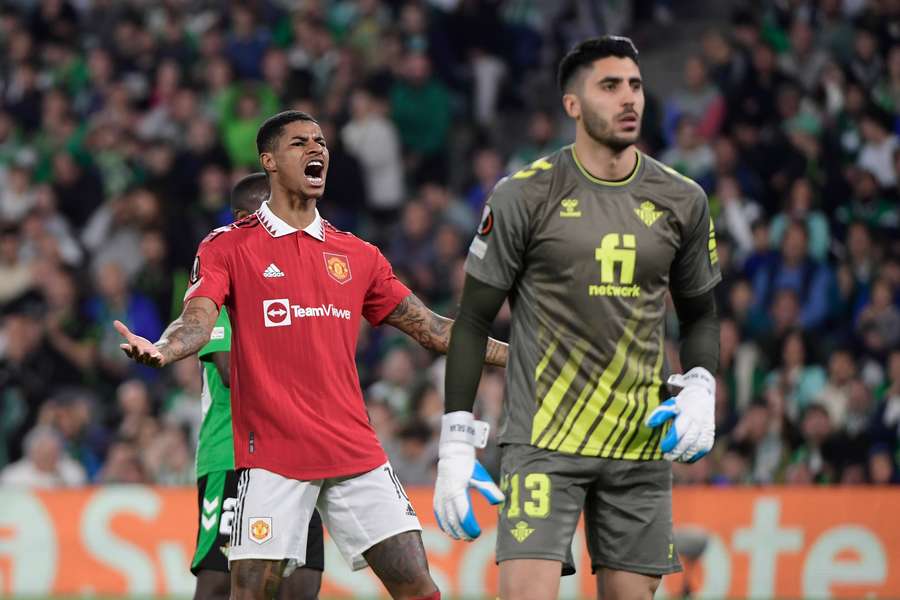 Manchester United's English forward Marcus Rashford reacts during the UEFA Europa League last 16 second leg 