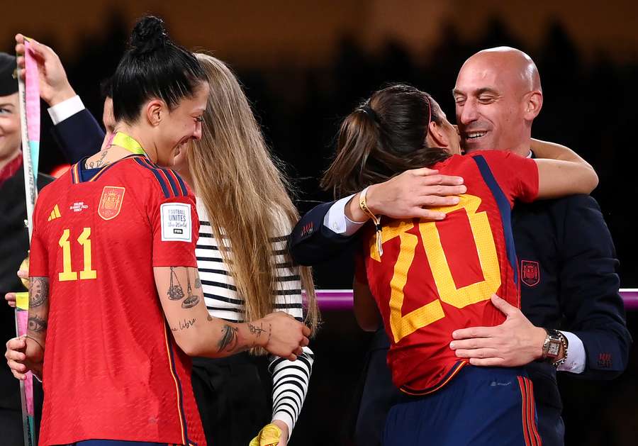 Spain defender Rocio Galvez is congratulated by President of the Royal Spanish Football Federation Luis Rubiales (R) next to Jennifer Hermoso Spain defender Rocio Galvez is congratulated by President of the Royal Spanish Football Federation Luis Rubiales (R) next to Jennifer Hermoso