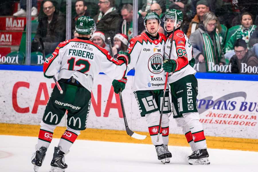 Frolunda celebrate their fifth goal against Rogle