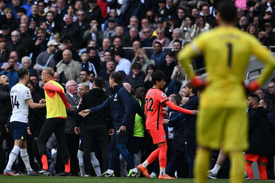 Staff from both sides clash on the touchline resulting in both managers being sent off during the English Premier League football match between Tottenham Hotspur and Brighton