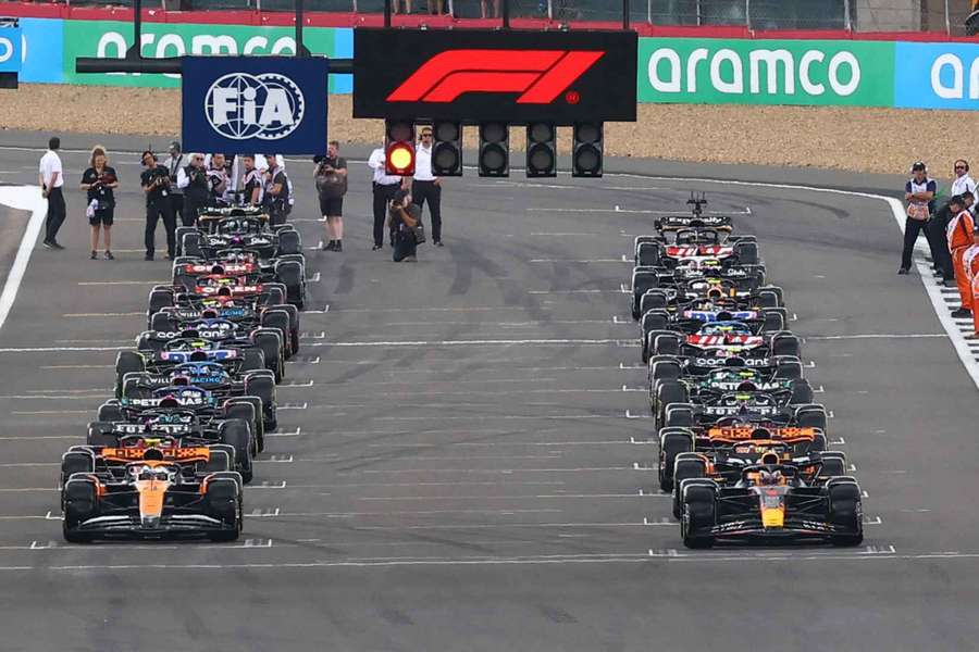 Cars line up before the start of the race at the British Grand Prix