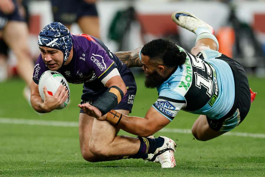 Siosifa Talakai lays a tackle on Melbourne Storm's Jahrome Hughes in last year's NRL preliminary final. Siosifa Talakai lays a tackle on Melbourne Storm's Jahrome Hughes in last year's NRL preliminary final.