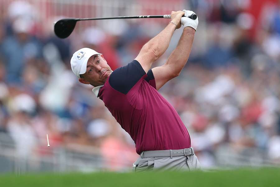 Rory McIlroy of Team Europe tees off on the first hole during a practice round prior
