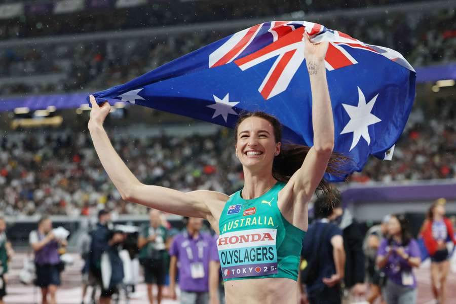 Nicola Olyslagers celebrates her high jump victory in Tokyo on Sunday night.