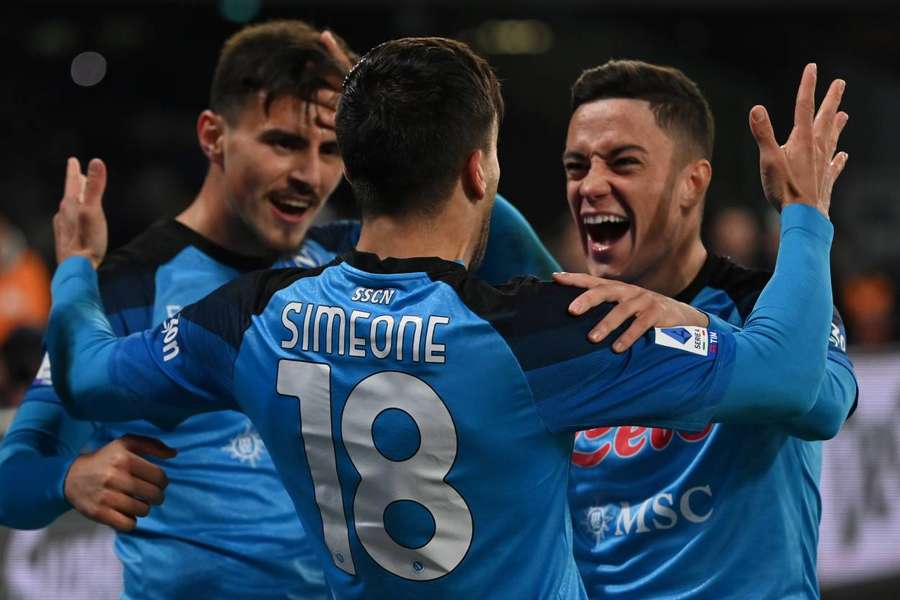 Giovanni Simeone celebrates scoring Napoli's winning goal against Roma on Sunday