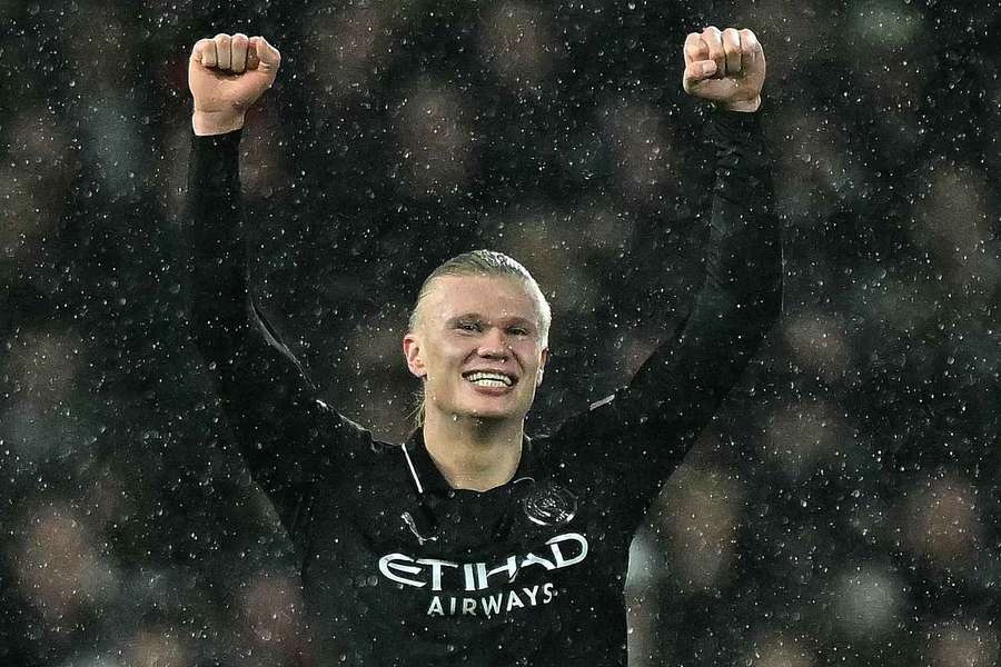 Manchester City's Norwegian striker #09 Erling Haaland (2L) celebrates scoring the opening goal, and his 100th Premier League goal Manchester City's Norwegian striker #09 Erling Haaland (2L) celebrates scoring the opening goal, and his 100th Premier League goal