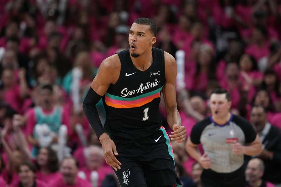 Victor Wembanyama reacts during Game 1 of 2026 NBA Playoffs