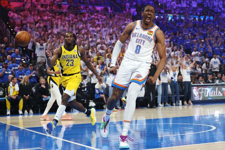 Oklahoma City forward Jalen Williams celebrates after a dunk in Game 5 of the 2025 NBA Finals
