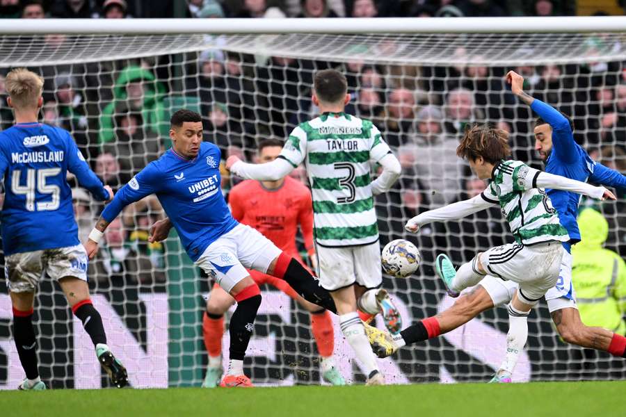 Kyogo Furuhashi scores Celtic's second goal against Rangers