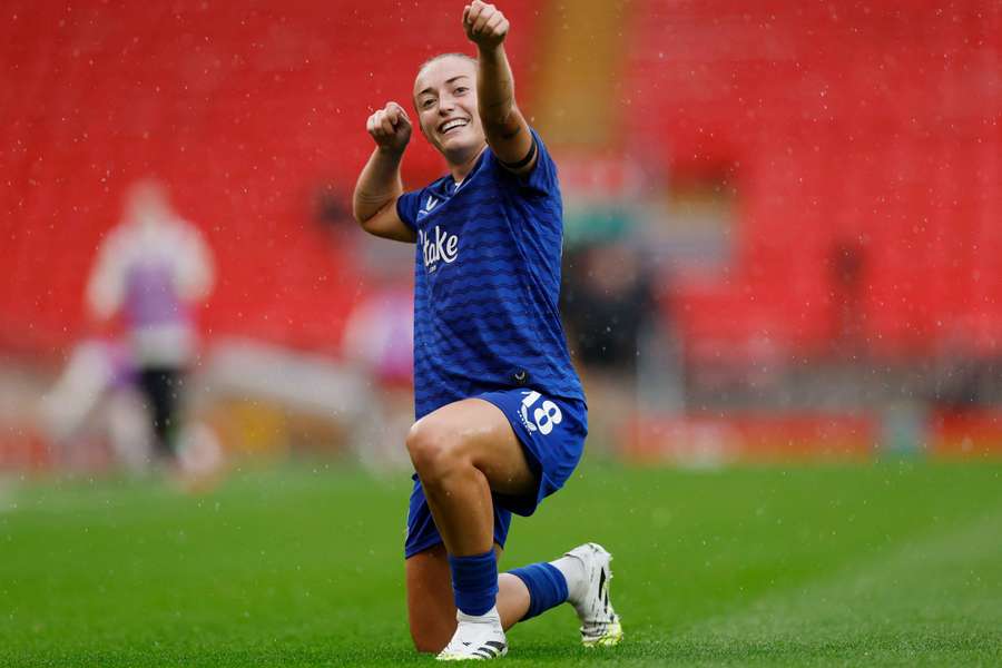 Everton's Ornella Vignola celebrates scoring their fourth goal to complete her hat-trick against Liverpool
