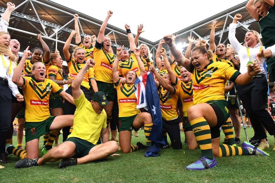 The Australian women's team celebrating their World Cup triumph in 2017