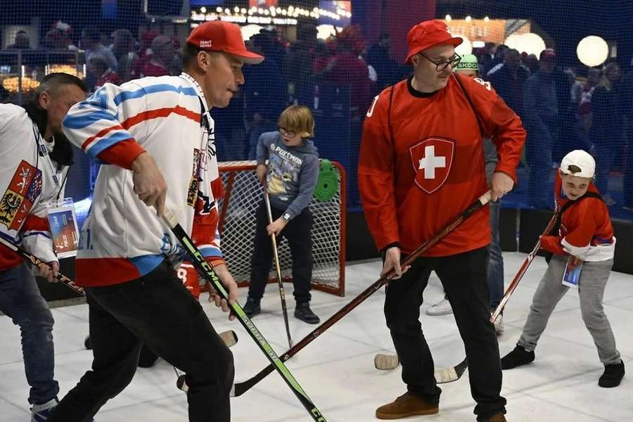 Czech and Swiss fans challenge each other at the Fan Zone in Herning