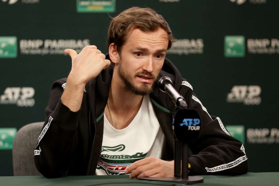 Russia's Daniil Medvedev talks with reporters at the Indian Wells ATP Masters