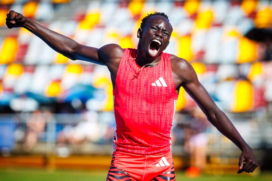 Australia's Gout Gout celebrates after winning the men's 200m final during the Queensland State Championships in Brisbane
