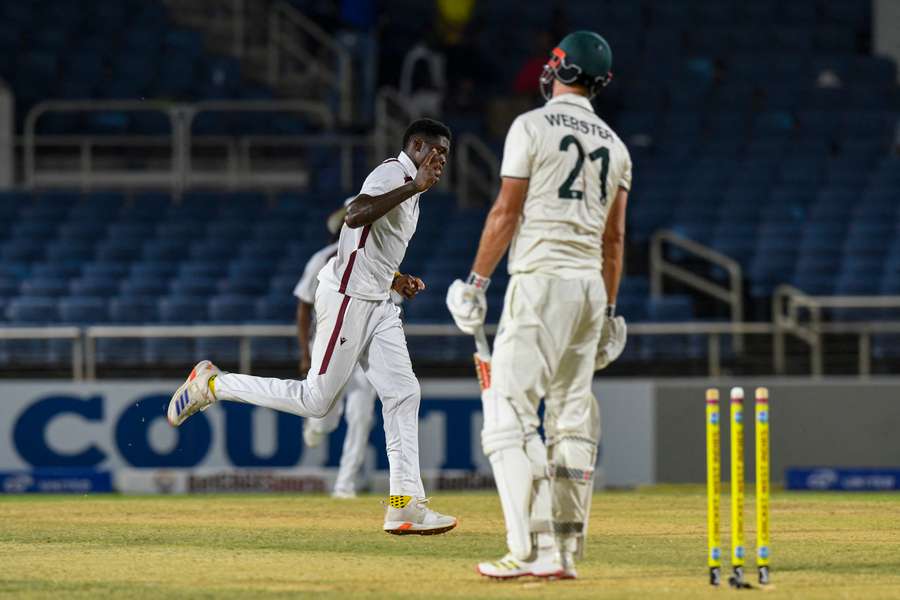 Alzarri Joseph dismisses Beau Webster during Australia's second innings of the third Test in Kingston, Jamaica.