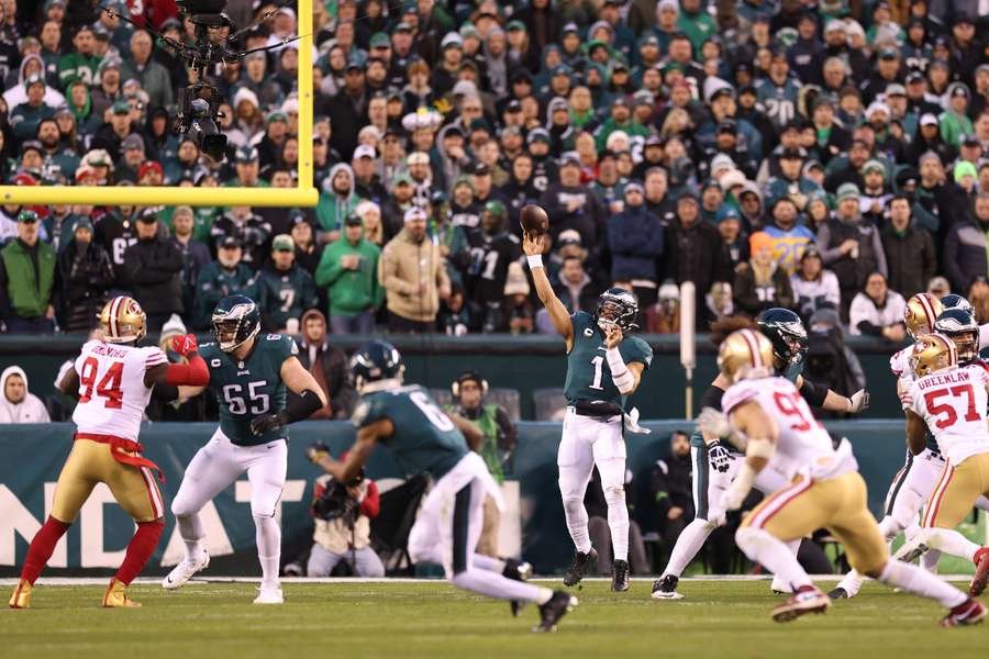 Jalen Hurts #1 of the Philadelphia Eagles throws a pass against the San Francisco 49ers during the third quarter