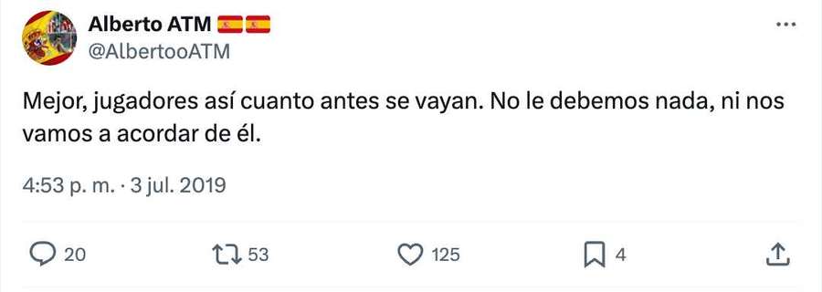 Reacción de un seguidor del Atlético a la marcha de Rodri en 2019.