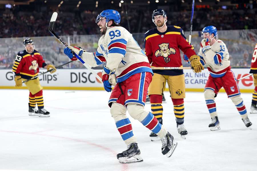 Rangers' Mika Zibanejad celebrates after scoring during 2026 Winter Classic Rangers' Mika Zibanejad celebrates after scoring during 2026 Winter Classic