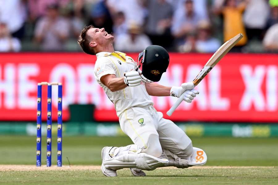 David Warner celebrates scoring his double century