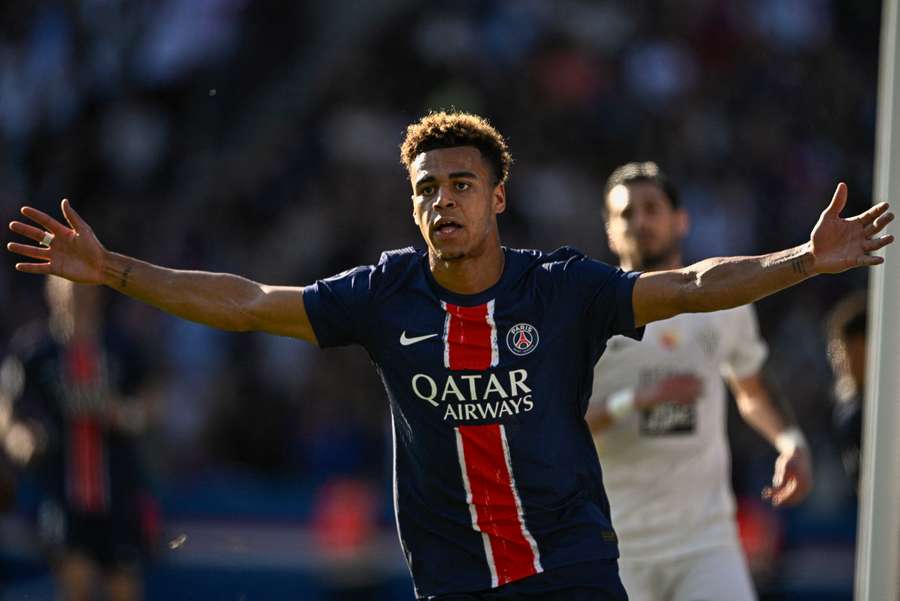 PSG's Desire Doue celebrates after scoring against Angers on Saturday