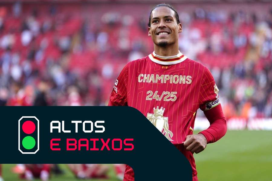Virgil van Dijk festeja o título de campeão do Liverpool