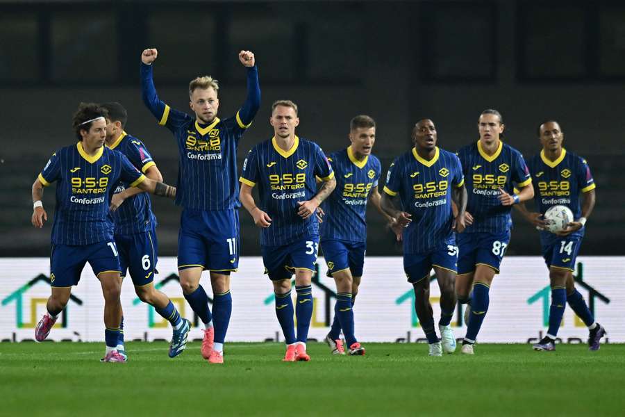 Casper Tengstedt of Hellas Verona celebrates after scoring the equaliser